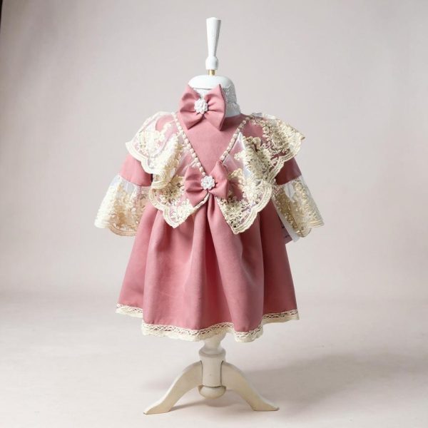 Rochiță botez fetiță +bentiță - tafta culoare roz pudrat cu dantelă ivory - ILIF508035 - imagine 2