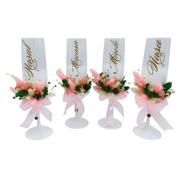 Set 4 pahare nuntă pentru miri & nași, model deosebit cu flori uscate - FEIS508002