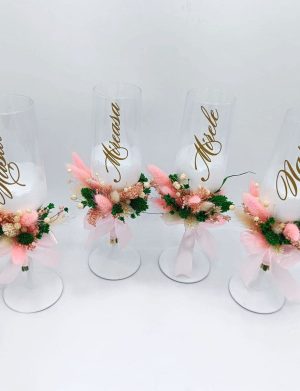 Set 4 pahare nuntă pentru miri & nași, model deosebit cu flori uscate – FEIS508002