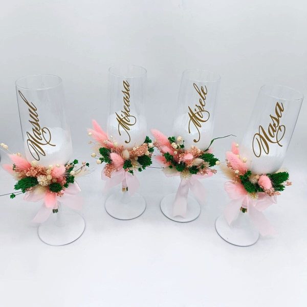 Set 4 pahare nuntă pentru miri & nași, model deosebit cu flori uscate - FEIS508002 - imagine 2