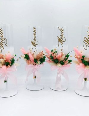 Set 4 pahare nuntă pentru miri & nași, model deosebit cu flori uscate – FEIS508002