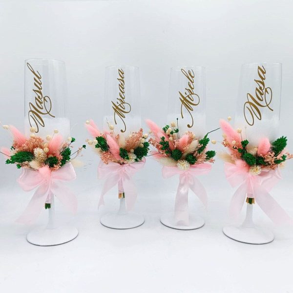 Set 4 pahare nuntă pentru miri & nași, model deosebit cu flori uscate - FEIS508002 - imagine 3