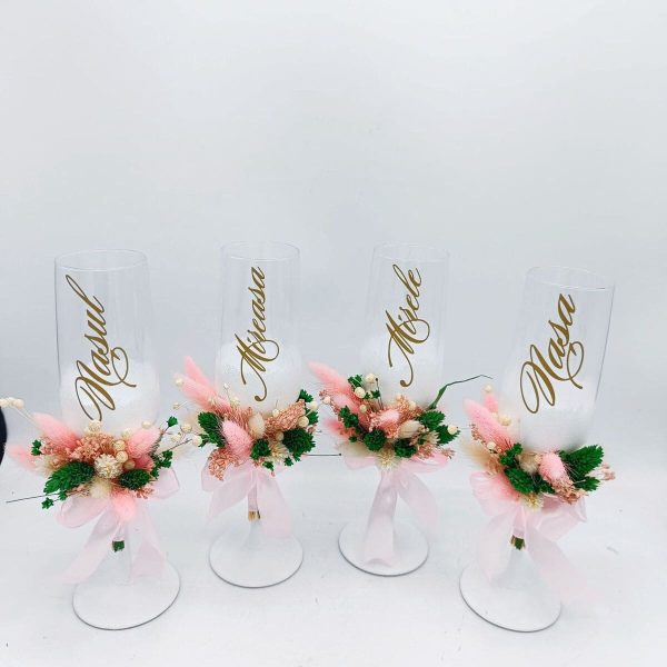 Set 4 pahare nuntă pentru miri & nași, model deosebit cu flori uscate - FEIS508002 - imagine 12