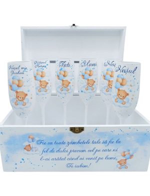 Set 6 pahare botez + Cutie pentru amintiri, model Blue Baby Bear personalizat - FEIS508004