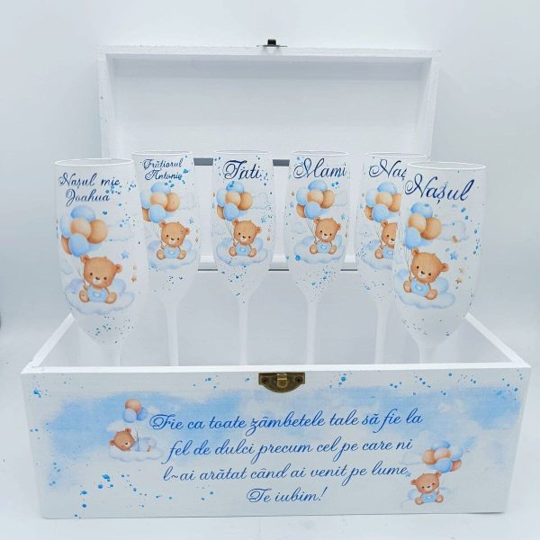 Set 6 pahare botez + Cutie pentru amintiri, model Blue Baby Bear personalizat - FEIS508004 - imagine 3