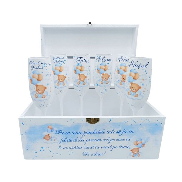 Set 6 pahare botez + Cutie pentru amintiri, model Blue Baby Bear personalizat - FEIS508004