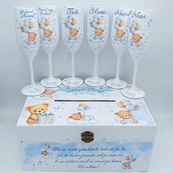 Set 6 pahare botez + Cutie pentru amintiri, model Blue Baby Bear personalizat - FEIS508004 - imagine 2