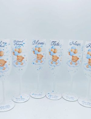 Set 6 pahare botez pentru Părinți, Nași, Naș mic și Frățior, model Blue Baby Bear personalizat – FEIS508003