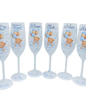 Set 6 pahare botez pentru Părinți, Nași, Naș mic și Frățior, model Blue Baby Bear personalizat - FEIS508003