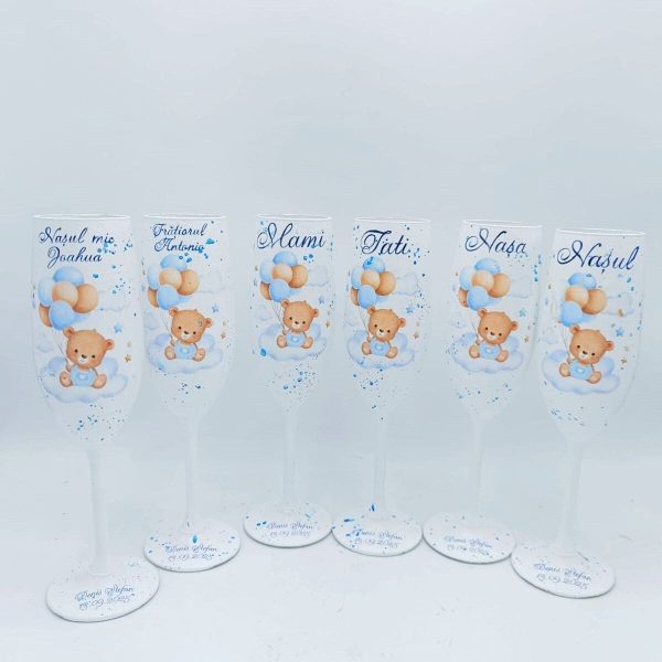 Set 6 pahare botez pentru Părinți, Nași, Naș mic și Frățior, model Blue Baby Bear personalizat - FEIS508003 - imagine 2