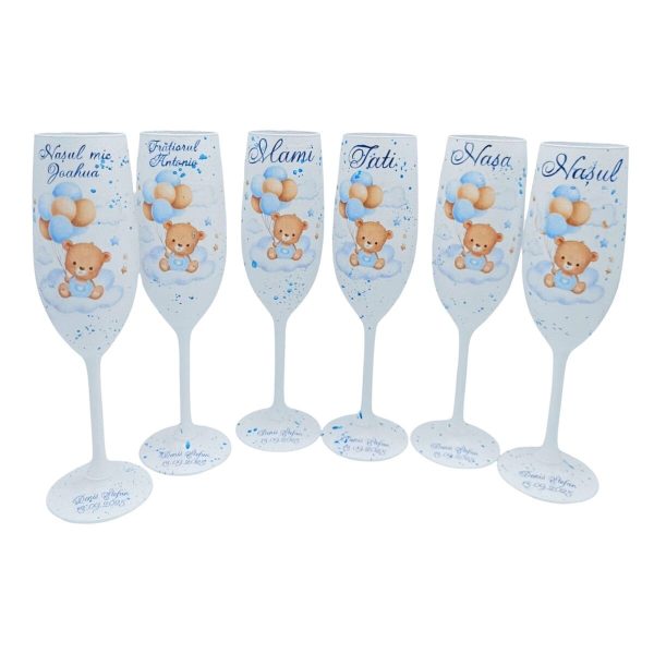 Set 6 pahare botez pentru Părinți, Nași, Naș mic și Frățior, model Blue Baby Bear personalizat - FEIS508003