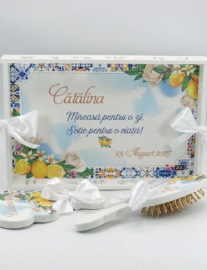 Tăviță gătit Mireasa, stil mediteranean cu lămâi, model personalizat cu 3 piese – ILIF509002
