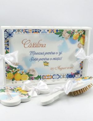 Tăviță gătit Mireasa, stil mediteranean cu lămâi, model personalizat cu 3 piese – ILIF509002