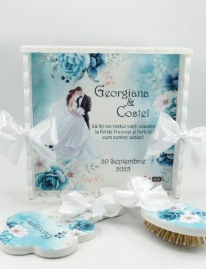 Tăviță gătit mireasa, Tiffany blue, tăviță dantelată personalizată, 3 piese – ILIF509004