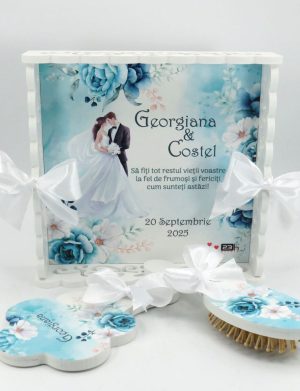 Tăviță gătit mireasa, Tiffany blue, tăviță dantelată personalizată, 3 piese – ILIF509004
