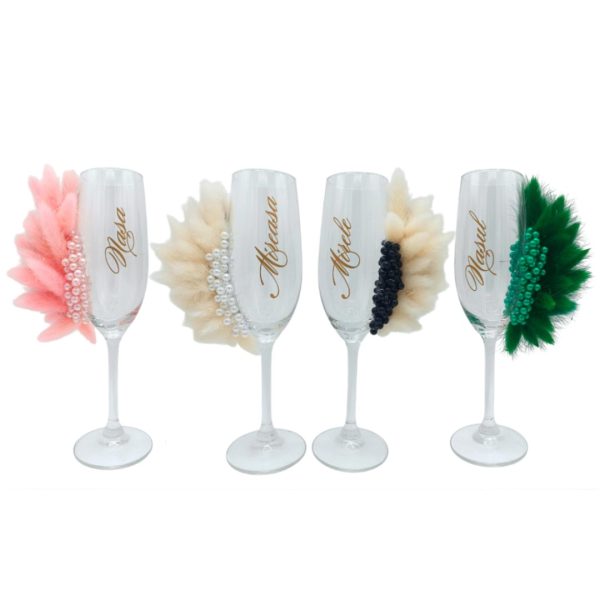 Set 4 pahare nuntă pentru miri & nași, model deosebit cu flori uscate și mărgele - FEIS509004