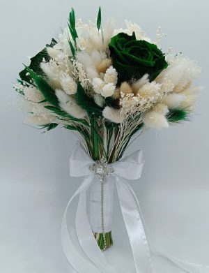 Buchet de mireasă cu flori criogenate și stabilizate – alb&verde smarald – FEIS509006