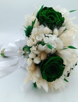 Buchet de mireasă cu flori criogenate și stabilizate – alb&verde smarald – FEIS509006