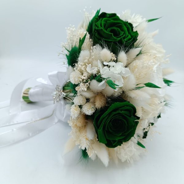 Buchet de mireasă cu flori criogenate și stabilizate - alb&verde smarald - FEIS509006 - imagine 3