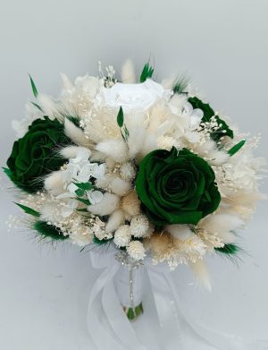 Buchet de mireasă cu flori criogenate și stabilizate – alb&verde smarald – FEIS509006