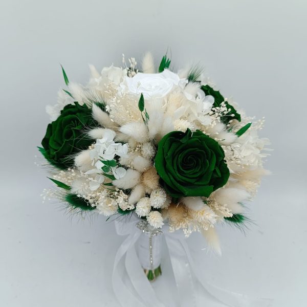 Buchet de mireasă cu flori criogenate și stabilizate - alb&verde smarald - FEIS509006 - imagine 2