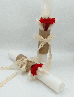 Lumânare Nuntă / Botez, din ceară naturală decorată cu flori uscate, alb-roșu – FEIS509003