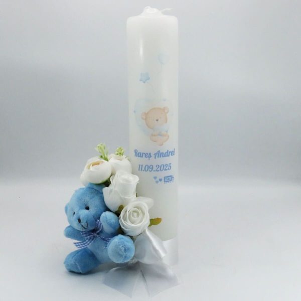 Lumânare botez băiețel decorată cu flori de mătase și jucărie, model Personalizat, Ursuleț - ILIF509009 - imagine 2