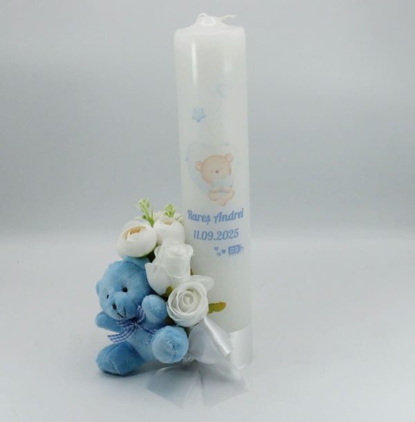 Lumânare botez băiețel decorată cu flori de mătase și jucărie, model Personalizat, Ursuleț - ILIF509009 - imagine 6