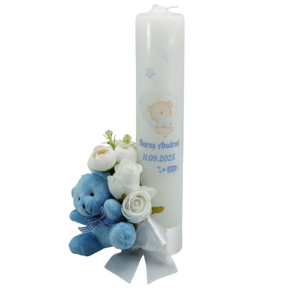 Lumânare botez băiețel decorată cu flori de mătase și jucărie, model Personalizat, Ursuleț - ILIF509009
