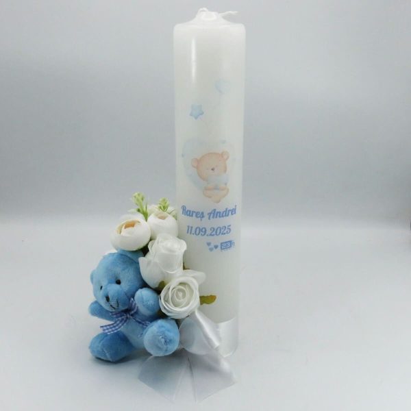 Lumânare botez băiețel decorată cu flori de mătase și jucărie, model Personalizat, Ursuleț - ILIF509009 - imagine 5