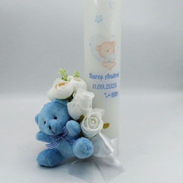 Lumânare botez băiețel decorată cu flori de mătase și jucărie, model Personalizat, Ursuleț - ILIF509009 - imagine 4