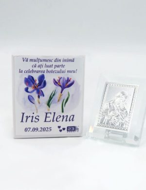 Mărturie botez, iconiță în cutie personalizată, Iris mov – ILIF509008