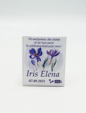 Mărturie botez, iconiță în cutie personalizată, Iris mov – ILIF509008