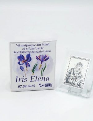 Mărturie botez, iconiță în cutie personalizată, Iris mov – ILIF509008