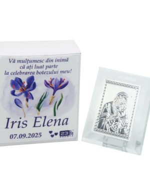 Mărturie botez, iconiță în cutie personalizată, Iris mov – ILIF509008