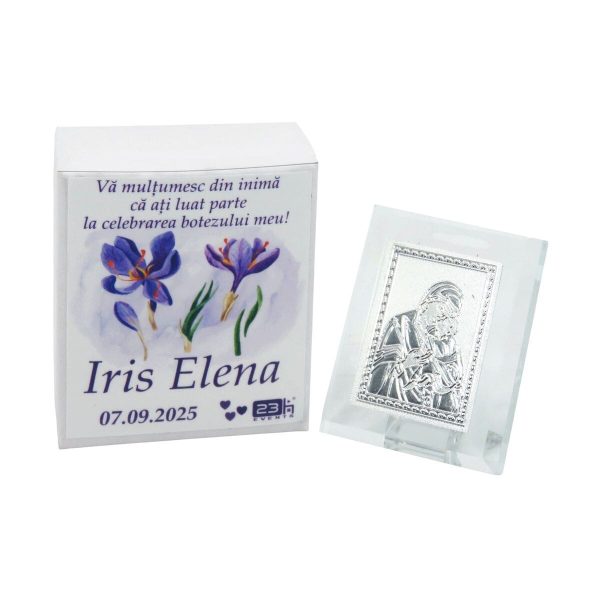 Mărturie botez, iconiță în cutie personalizată, Iris mov - ILIF509008