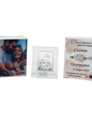 Mărturie nuntă, iconiță în cutie personalizată cu etichetă dublă, Boho – ILIF509011
