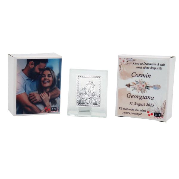 Mărturie nuntă, iconiță în cutie personalizată cu etichetă dublă, Boho - ILIF509011