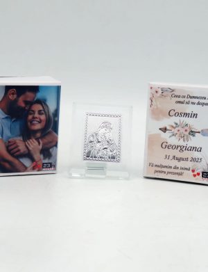 Mărturie nuntă, iconiță în cutie personalizată cu etichetă dublă, Boho – ILIF509011