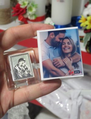 Mărturie nuntă, iconiță în cutie personalizată cu etichetă dublă, Boho – ILIF509011