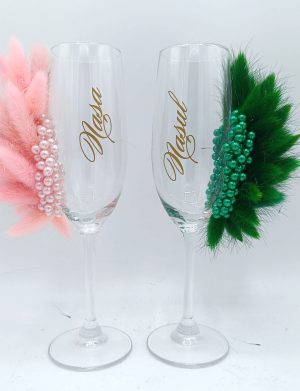 Set 4 pahare nuntă pentru miri & nași, model deosebit cu flori uscate și mărgele – FEIS509004