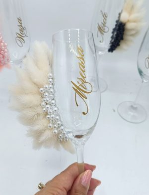 Set 4 pahare nuntă pentru miri & nași, model deosebit cu flori uscate și mărgele – FEIS509004
