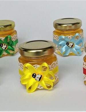Marturii dulci cu miere, model handmade Rafinament – rosu, borcan 50 gr- DSBC004