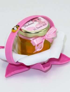 Marturii dulci cu miere, model handmade „Zumzet dulce” – roz, borcan 50 gr  – DSBC1920