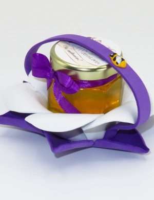 Marturii dulci cu miere, model handmade Zumzet dulce – mov, borcan 50 gr – DSBC1688