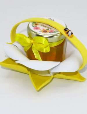 Marturii dulci cu miere, model handmade Zumzet dulce – galben, borcan 50 gr – DSBC1691