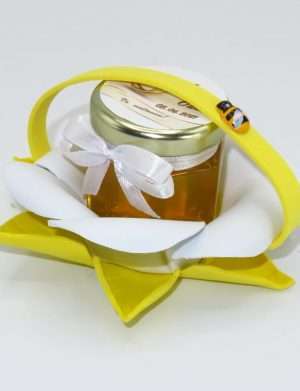 Marturii dulci cu miere, model handmade Zumzet dulce – galben, borcan 50 gr – DSBC1692
