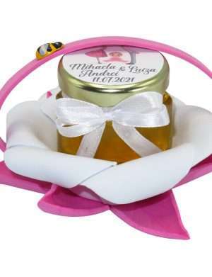 Marturii dulci cu miere, model handmade Zumzet dulce – roz, borcan 50 gr – DSBC1686