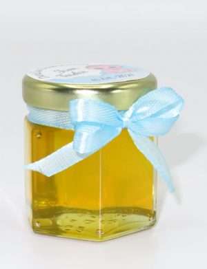 Marturii dulci cu miere, model handmade Iubire – bleu, borcan 50 gr – DSBC164