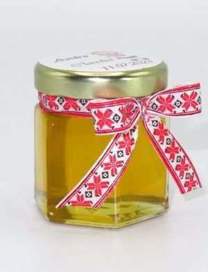 Marturii dulci cu miere, model handmade Voie buna – traditional rosu, borcan 50 gr – DSBC166